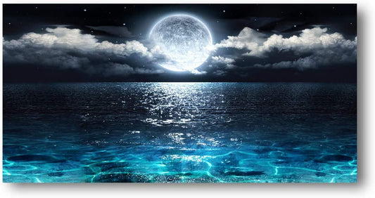Wall Art Moon Sea Ocean Landscape Picture Canvas Wall Art Print Paintings Modern Artwork for Living Room Wall Decor and Home Décor Framed Ready to Hang,24X48Inches,1Inch Thick Frame,Waterproof Artwork