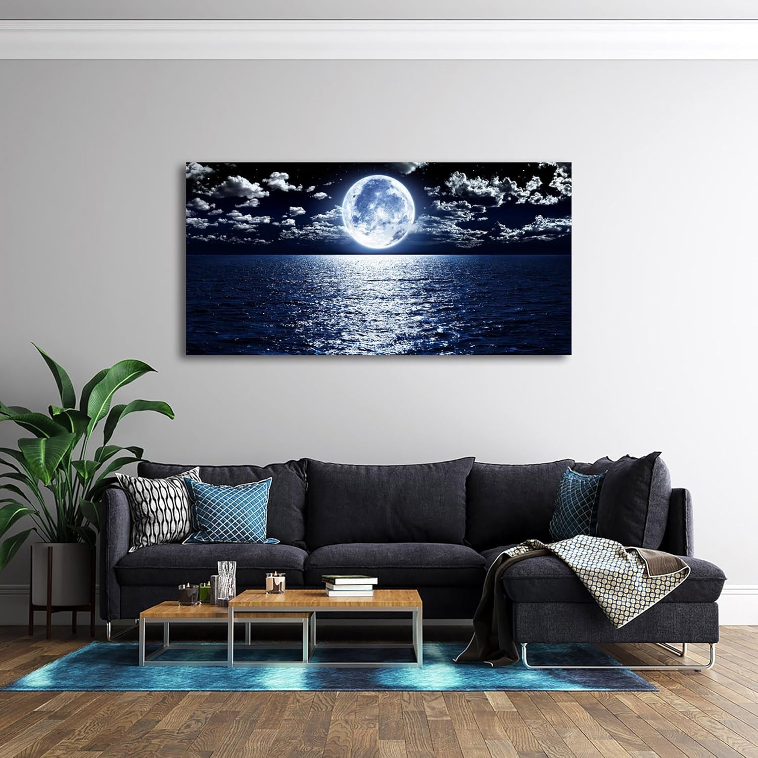 S06950 Wall Art Canvas Prints Moon Sea Ocean Landscape 1 Panels Full Moon in Cloud Pictures Paintings Stretched and Framed for Living Room Bedroom Kicthen Office Artwork 20X40Inch