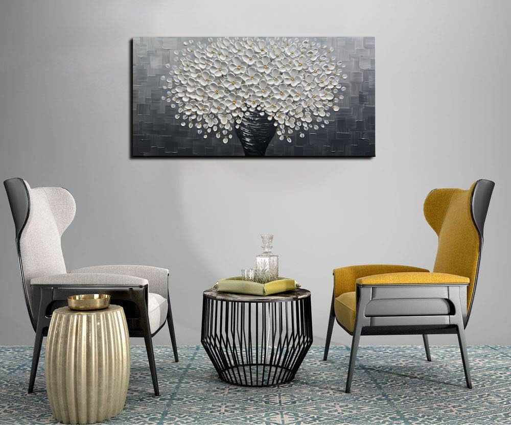 - White Flower Oil Painting on Canvas 3D Thick Texture Black and White Floral Vase Canvas Wall Art Modern Abstract Art Home Bedroom, Dining Room, Living Room, Office Wall Decor 24X48Inch