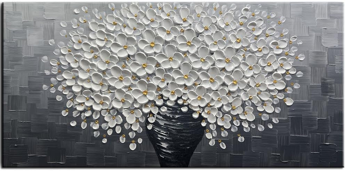 - White Flower Oil Painting on Canvas 3D Thick Texture Black and White Floral Vase Canvas Wall Art Modern Abstract Art Home Bedroom, Dining Room, Living Room, Office Wall Decor 24X48Inch
