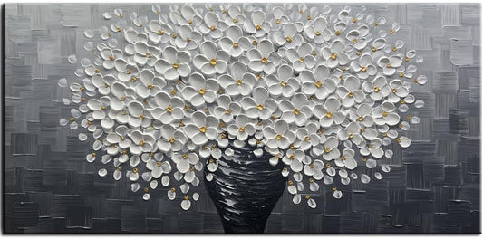- White Flower Oil Painting on Canvas 3D Thick Texture Black and White Floral Vase Canvas Wall Art Modern Abstract Art Home Bedroom, Dining Room, Living Room, Office Wall Decor 24X48Inch