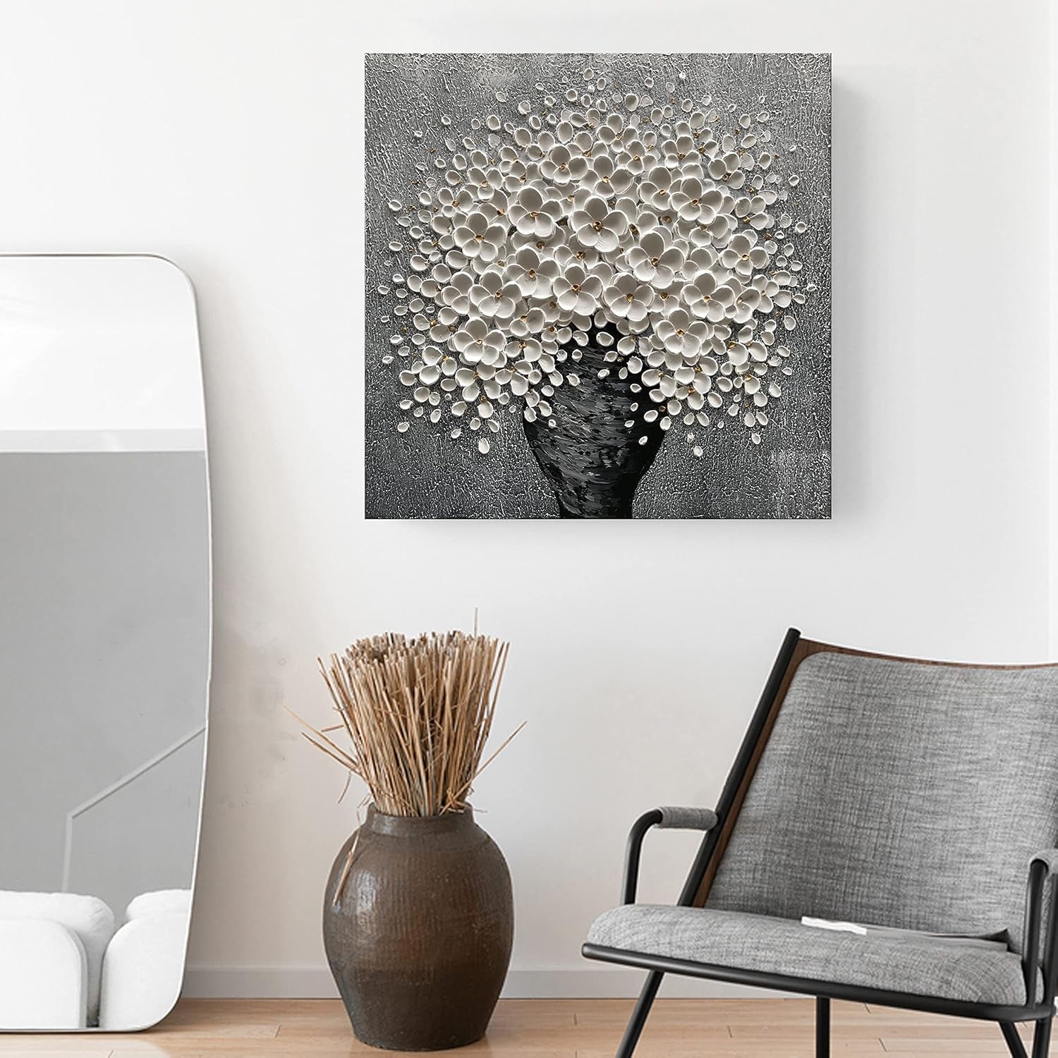 100% Hand-Painted White Flower Art Oil Painting, Modern Home Furnishing Canvas Painting Decoration, 3D Abstract Mural Painting,24X24 Inch Frame Wall Art Hanging