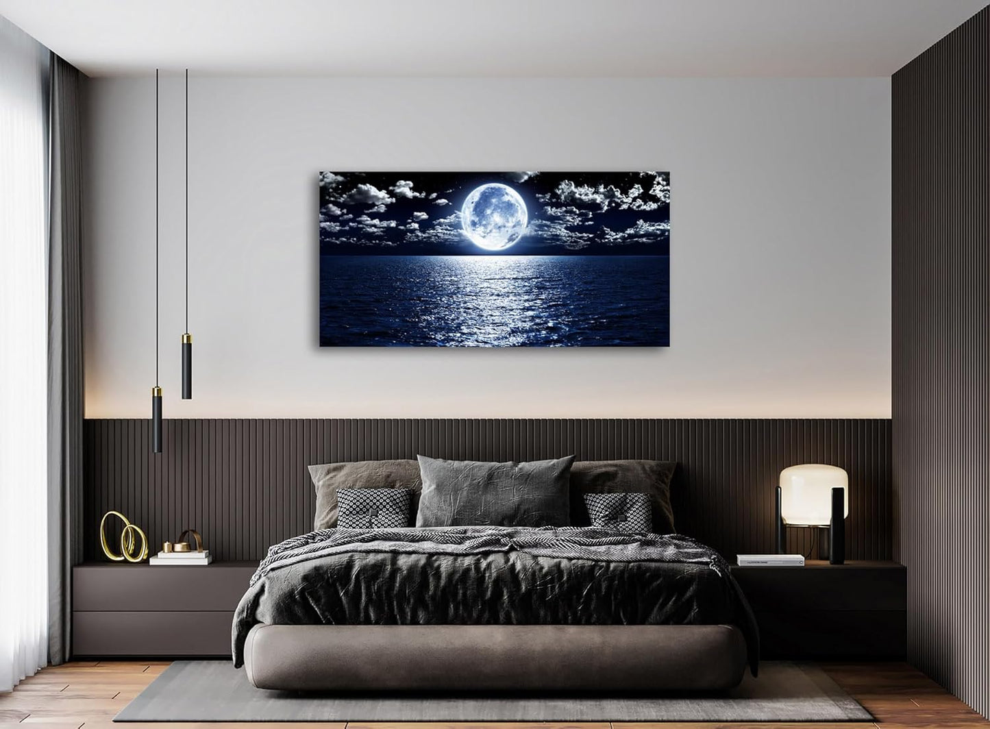 S06950 Wall Art Canvas Prints Moon Sea Ocean Landscape 1 Panels Full Moon in Cloud Pictures Paintings Stretched and Framed for Living Room Bedroom Kicthen Office Artwork 20X40Inch