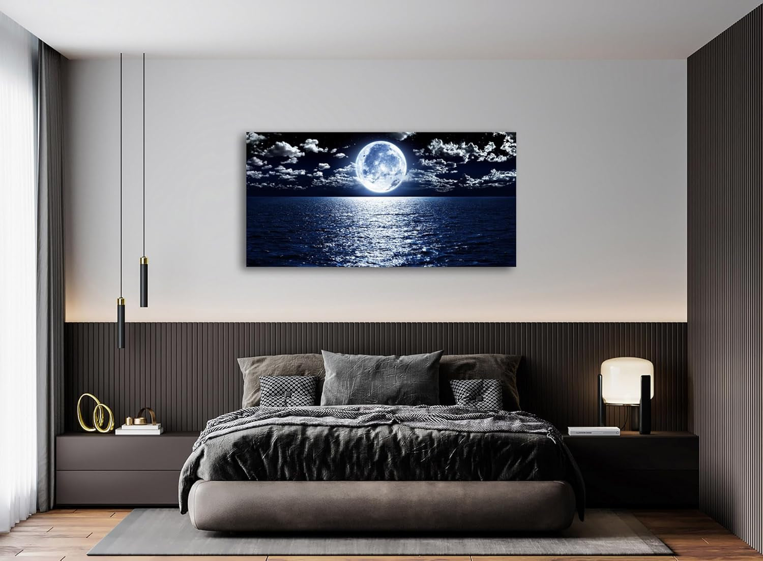 S06950 Wall Art Canvas Prints Moon Sea Ocean Landscape 1 Panels Full Moon in Cloud Pictures Paintings Stretched and Framed for Living Room Bedroom Kicthen Office Artwork 20X40Inch