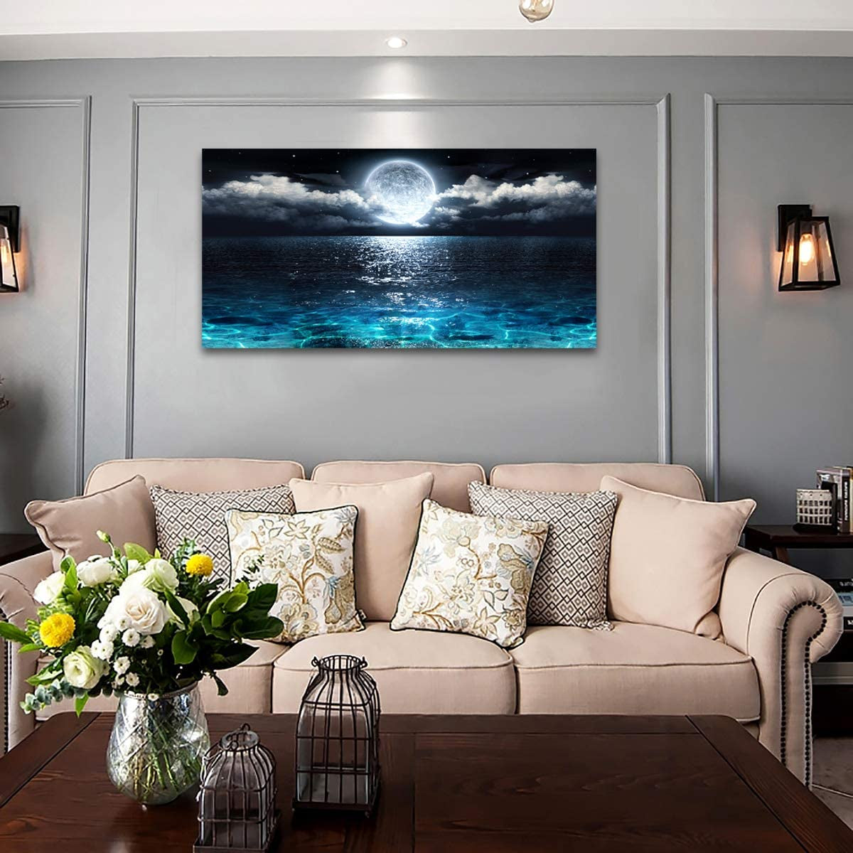 Wall Art Moon Sea Ocean Landscape Picture Canvas Wall Art Print Paintings Modern Artwork for Living Room Wall Decor and Home Décor Framed Ready to Hang,24X48Inches,1Inch Thick Frame,Waterproof Artwork