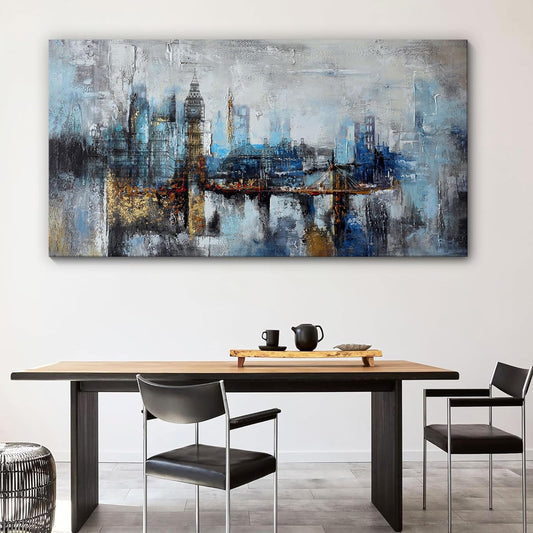 Large Wall Art for Bedroom Abstract City View Canvas Art Modern Home Decor Gray Blue Buildings Prints for Bedroom Wall Art Office Artwork Wall Decor for Living Room Decor 24X48 Inches