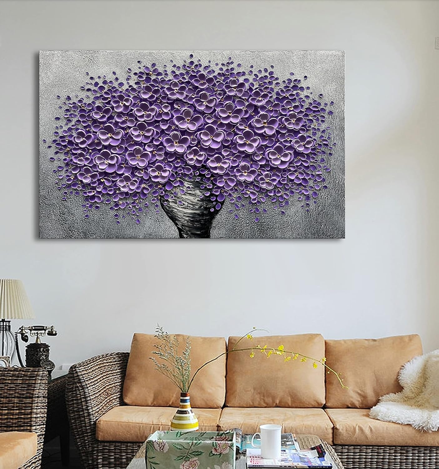 Hand-Painted Purple 3D Flower Decorative Oil Painting, Flower Wall Decorative Frame Wall Art, Modern Art Living Room, Bedroom, Office, Hotel Restaurant Wall Art 28X40 Inch
