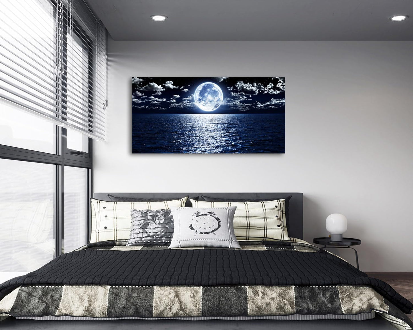 S06950 Wall Art Canvas Prints Moon Sea Ocean Landscape 1 Panels Full Moon in Cloud Pictures Paintings Stretched and Framed for Living Room Bedroom Kicthen Office Artwork 20X40Inch
