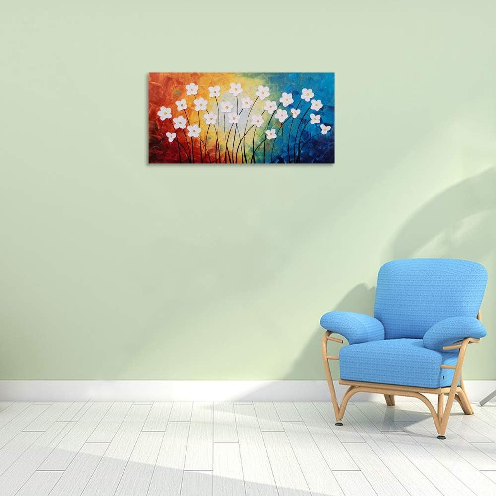 Flower Pictures Wall Decor Hand Painted 3D Light Blue Yellow Red and White Canvas Oil Paintings Modern Big Horizontal Artwork for Living Room Bedroom Nursery Decoration