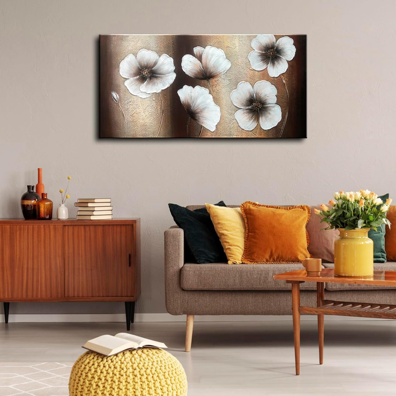 the Memory Large Abstract Floral Oil Paintings on Canvas Wall Art for Living Room Bedroom Home Decorations Modern 100% Hand Painted Gallery Wrapped Contemporary Brown Flowers Artwork