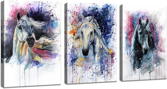 D70234 Canvas Wall Art Horse Animal Painting Prints on Canvas Framed Ready to Hang-3 Panels Watercolor Horses Prints Fine Art for Home Wall Decor