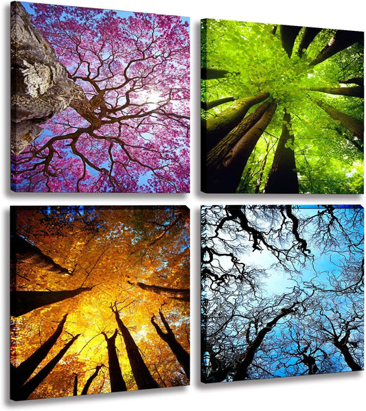 Art 4 Panels Canvas Wall Art Spring Summer Autumn Winter Four Seasons Landscape Color Tree Painting Picture Prints Modern Giclee Artwork Stretched and Framed for Living Room Home Decoration