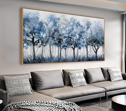 Abstract Forest Framed Wall Art - Blue Trees Canvas Pictures Navy Botanical Painting Wall Decor Minimalist Modern Printing Artwork for Living Room Bedroom Home Decoration 24" X 48" Natural