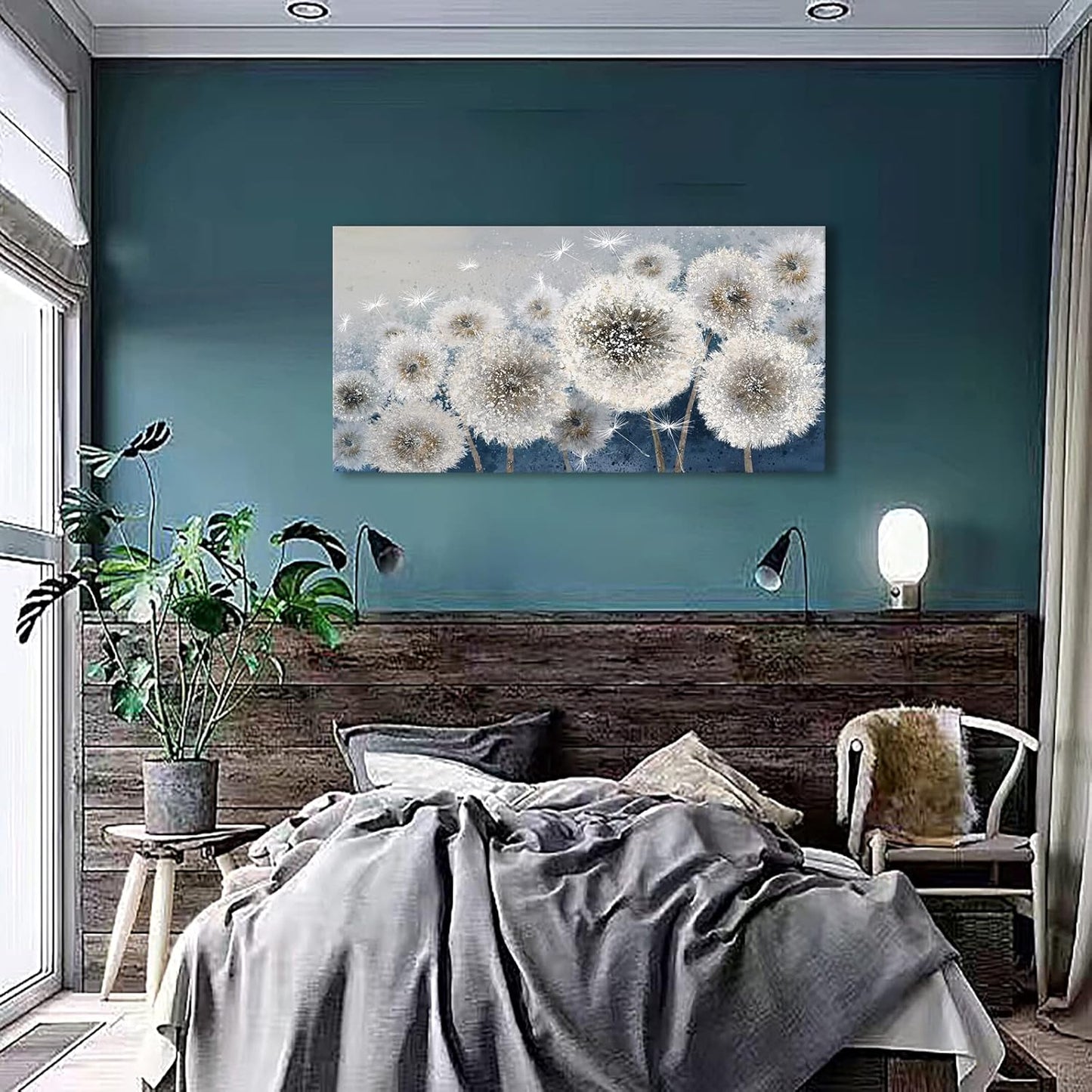 Wall Decor Living Room - Wall-Art for Living Room, Canvas Art/Pictures for Bedroom | Blue Dandelion 24X48 Inches Large Wall Art