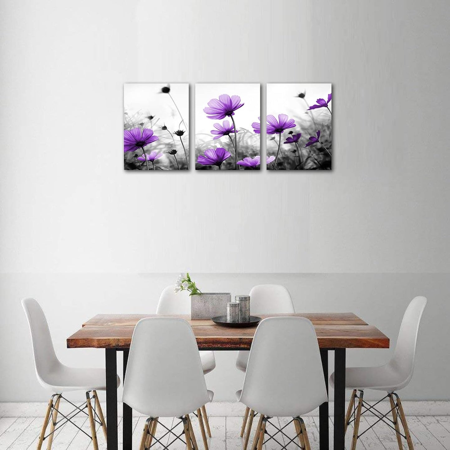 Flowers Wall Art Canvas Pictures Purple Wildflowers Black and White Background 3 Piece Canvas Art Blossom Contemporary Artwork for Home Decoration Office Kitchen Wall Decor 12"X 16" X 3 Panels