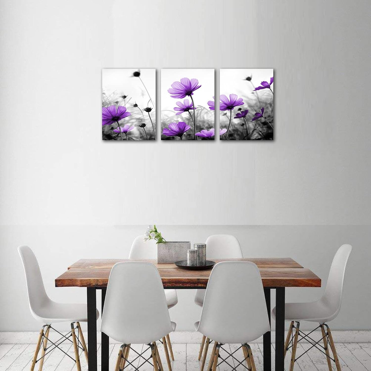 Flowers Wall Art Canvas Pictures Purple Wildflowers Black and White Background 3 Piece Canvas Art Blossom Contemporary Artwork for Home Decoration Office Kitchen Wall Decor 12"X 16" X 3 Panels