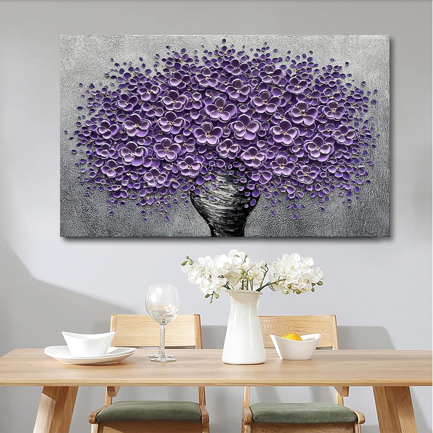 Hand-Painted Purple 3D Flower Decorative Oil Painting, Flower Wall Decorative Frame Wall Art, Modern Art Living Room, Bedroom, Office, Hotel Restaurant Wall Art 28X40 Inch