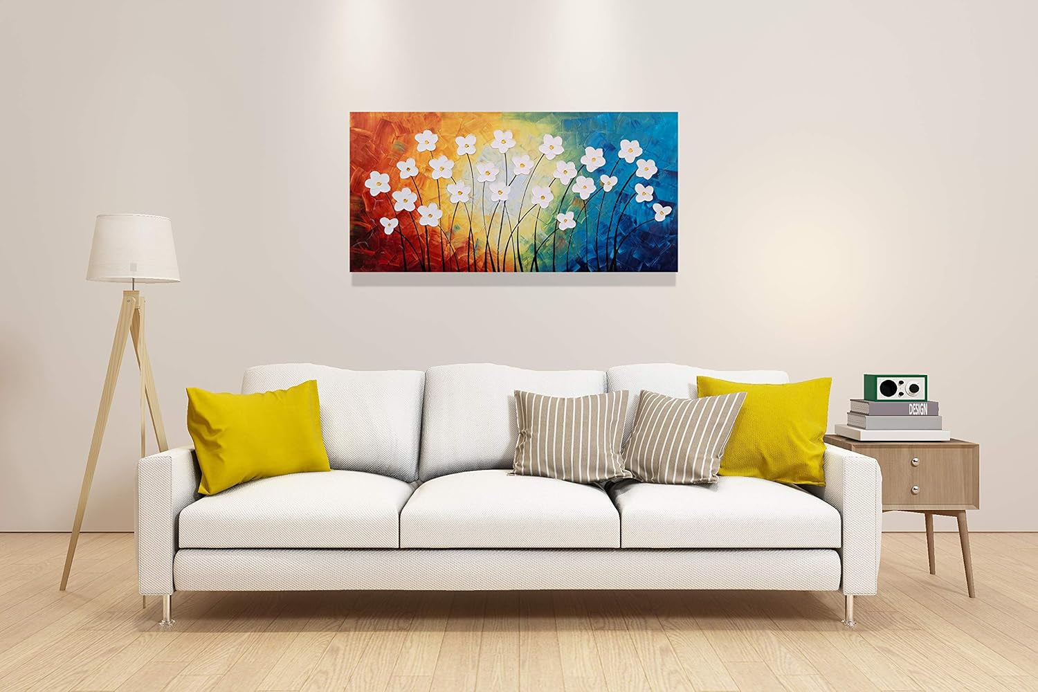 Flower Pictures Wall Decor Hand Painted 3D Light Blue Yellow Red and White Canvas Oil Paintings Modern Big Horizontal Artwork for Living Room Bedroom Nursery Decoration