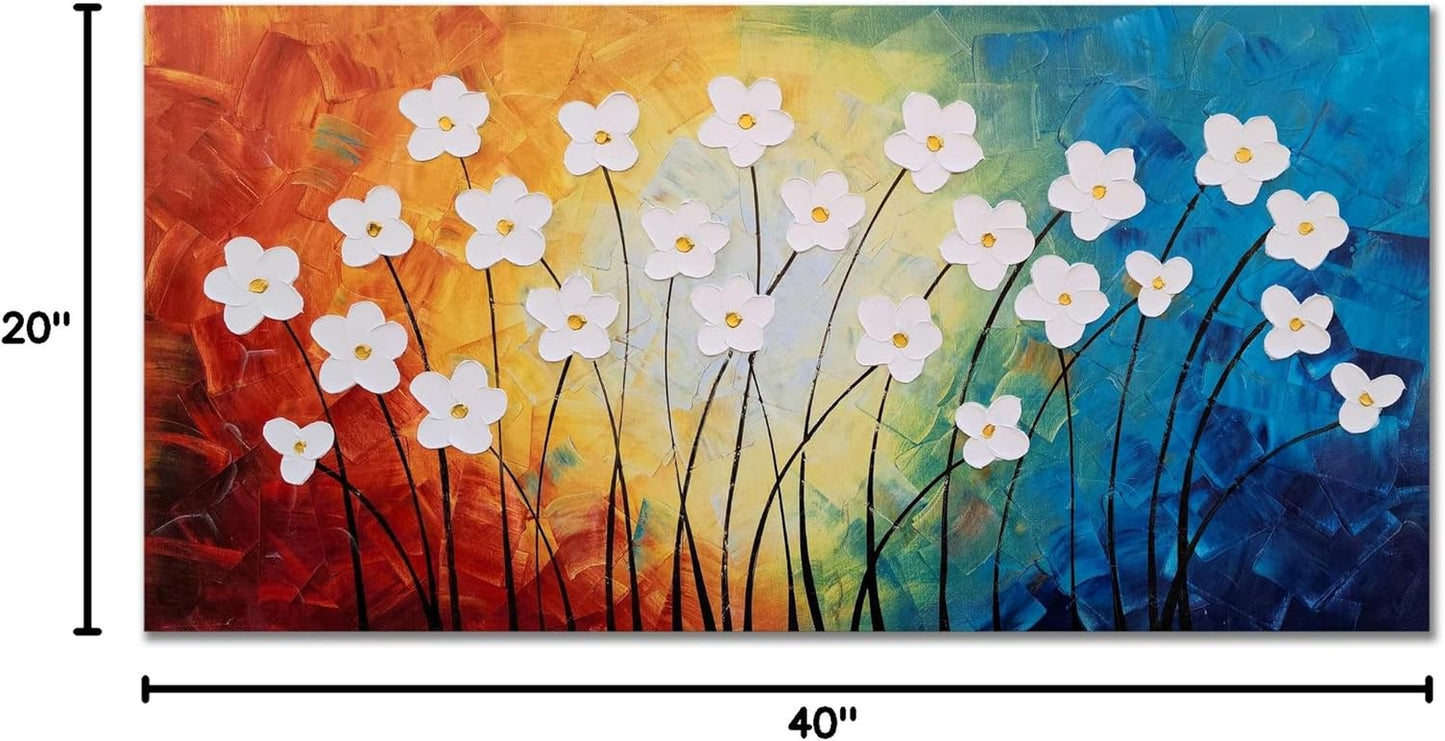 Flower Pictures Wall Decor Hand Painted 3D Light Blue Yellow Red and White Canvas Oil Paintings Modern Big Horizontal Artwork for Living Room Bedroom Nursery Decoration