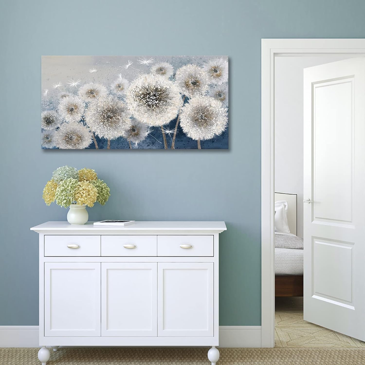 Wall Decor Living Room - Wall-Art for Living Room, Canvas Art/Pictures for Bedroom | Blue Dandelion 24X48 Inches Large Wall Art