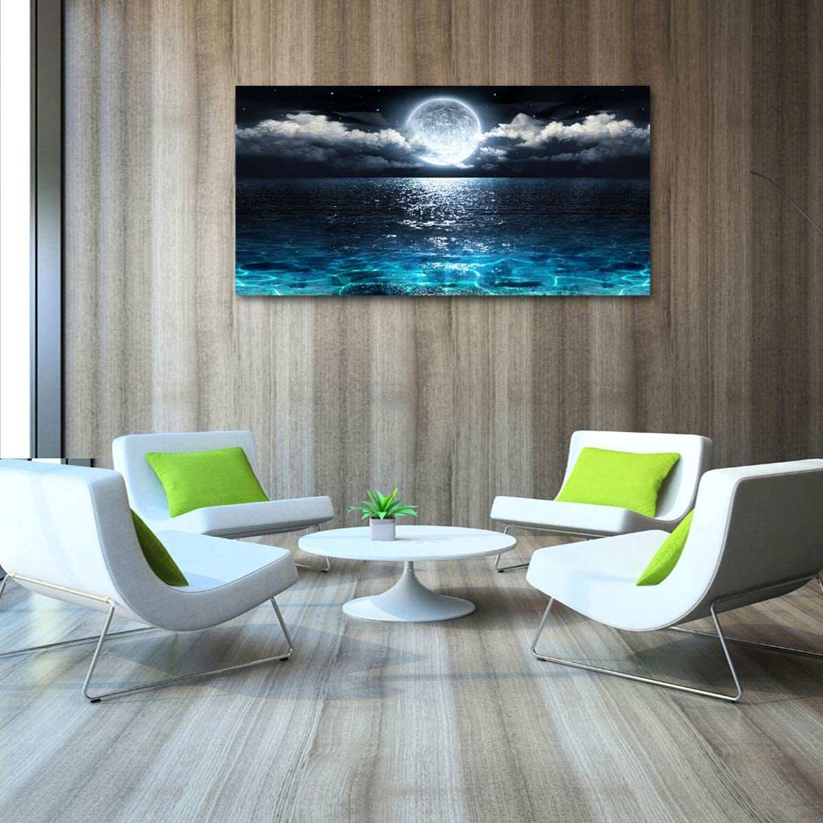 Wall Art Moon Sea Ocean Landscape Picture Canvas Wall Art Print Paintings Modern Artwork for Living Room Wall Decor and Home Décor Framed Ready to Hang,24X48Inches,1Inch Thick Frame,Waterproof Artwork