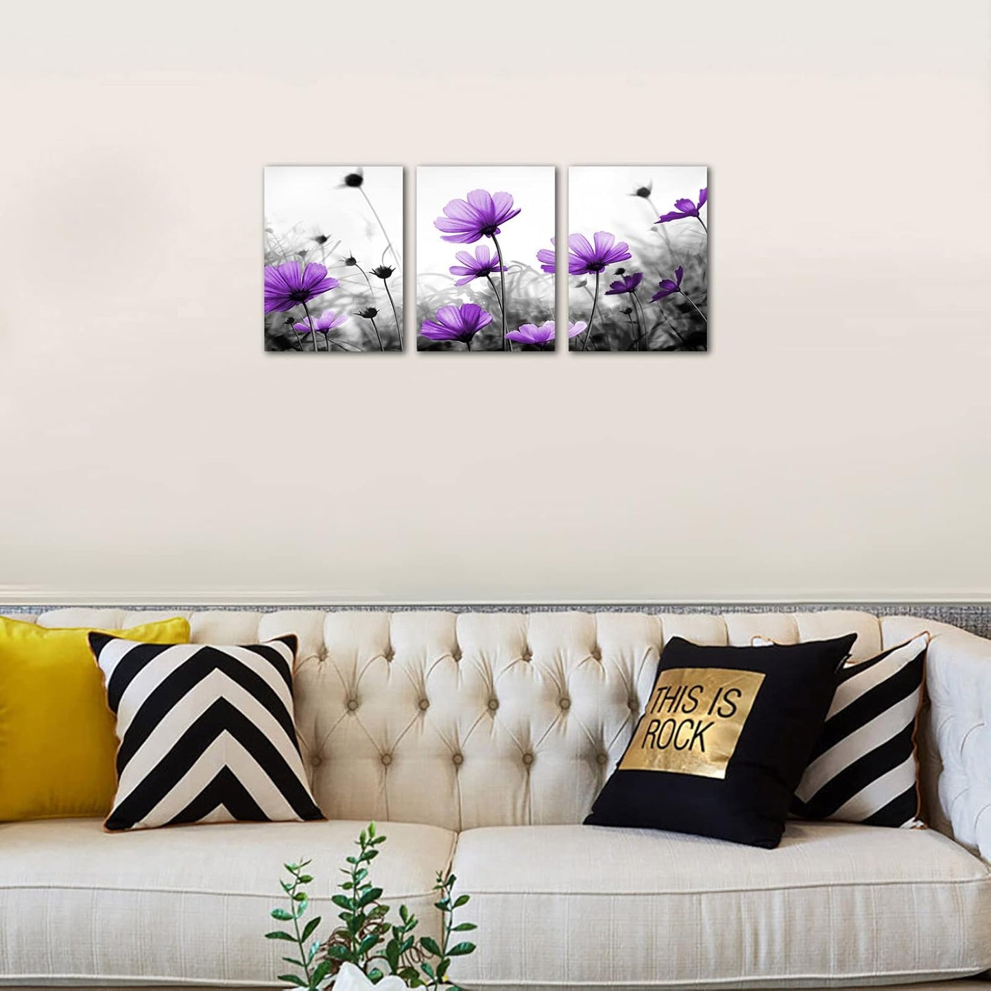 Flowers Wall Art Canvas Pictures Purple Wildflowers Black and White Background 3 Piece Canvas Art Blossom Contemporary Artwork for Home Decoration Office Kitchen Wall Decor 12"X 16" X 3 Panels