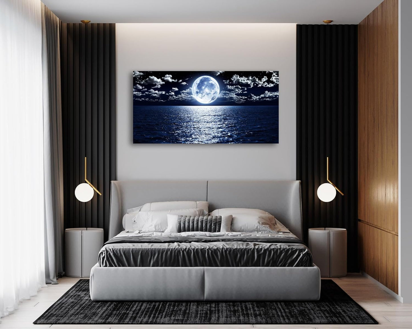 S06950 Wall Art Canvas Prints Moon Sea Ocean Landscape 1 Panels Full Moon in Cloud Pictures Paintings Stretched and Framed for Living Room Bedroom Kicthen Office Artwork 20X40Inch