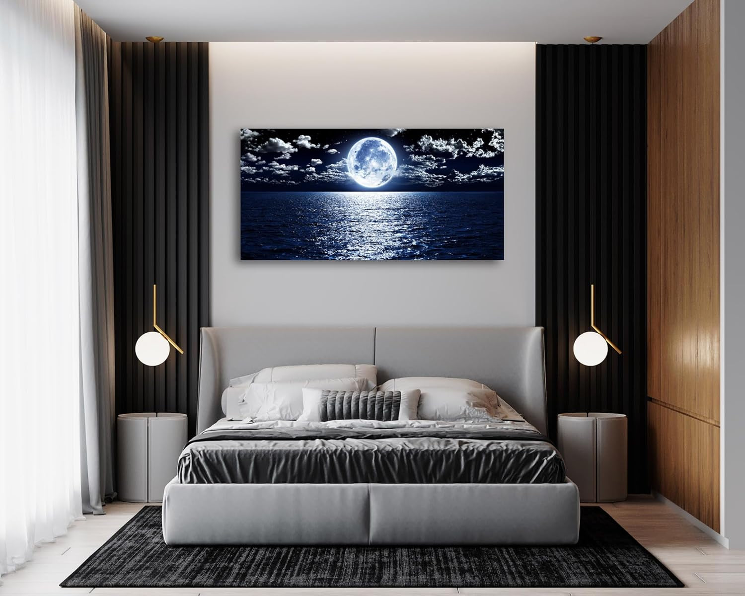 S06950 Wall Art Canvas Prints Moon Sea Ocean Landscape 1 Panels Full Moon in Cloud Pictures Paintings Stretched and Framed for Living Room Bedroom Kicthen Office Artwork 20X40Inch