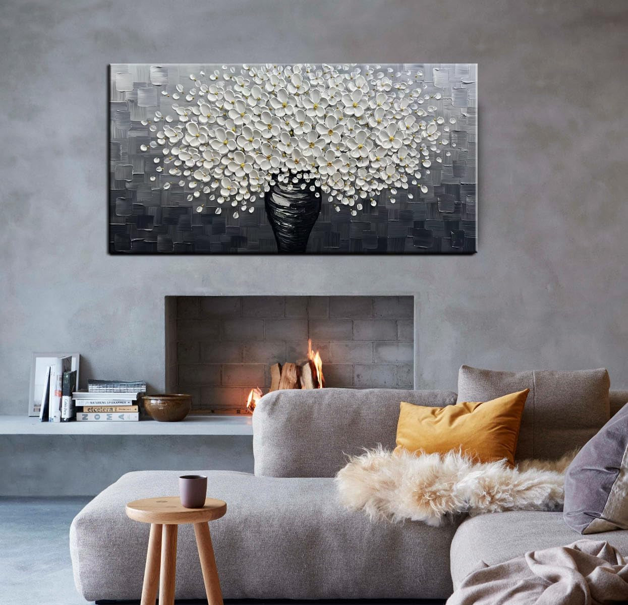 - White Flower Oil Painting on Canvas 3D Thick Texture Black and White Floral Vase Canvas Wall Art Modern Abstract Art Home Bedroom, Dining Room, Living Room, Office Wall Decor 24X48Inch