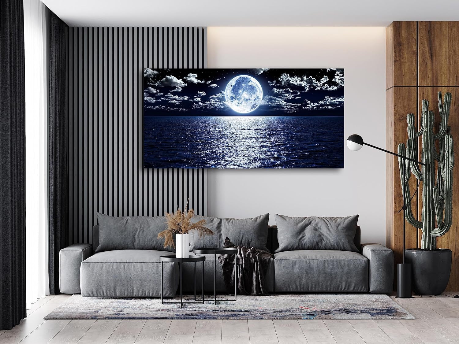 S06950 Wall Art Canvas Prints Moon Sea Ocean Landscape 1 Panels Full Moon in Cloud Pictures Paintings Stretched and Framed for Living Room Bedroom Kicthen Office Artwork 20X40Inch