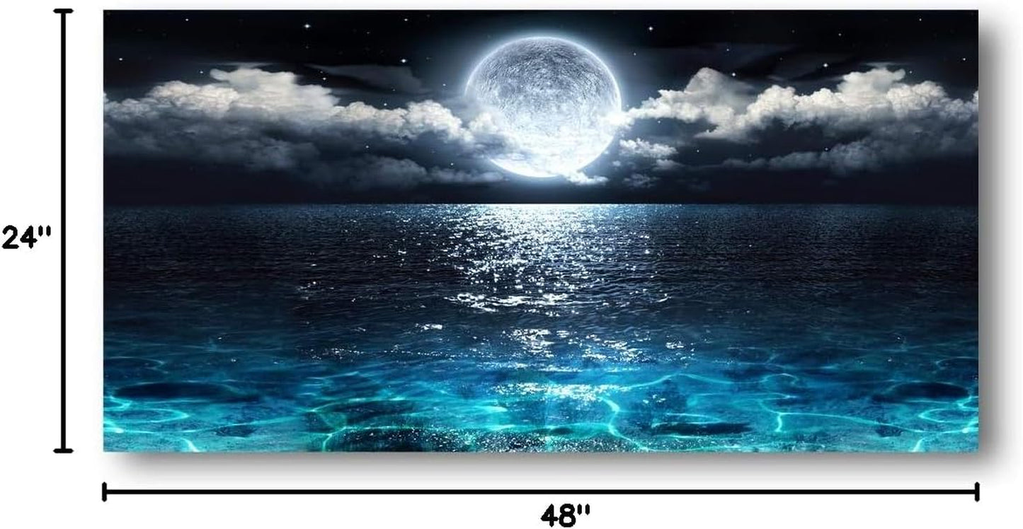 Wall Art Moon Sea Ocean Landscape Picture Canvas Wall Art Print Paintings Modern Artwork for Living Room Wall Decor and Home Décor Framed Ready to Hang,24X48Inches,1Inch Thick Frame,Waterproof Artwork