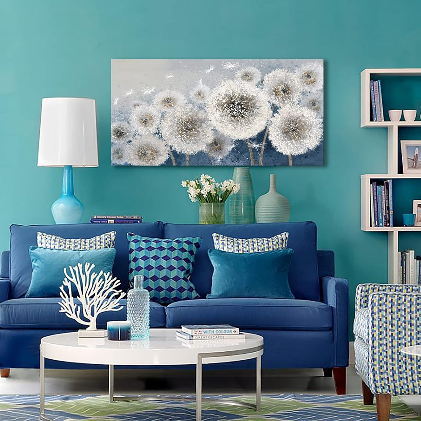 Wall Decor Living Room - Wall-Art for Living Room, Canvas Art/Pictures for Bedroom | Blue Dandelion 24X48 Inches Large Wall Art