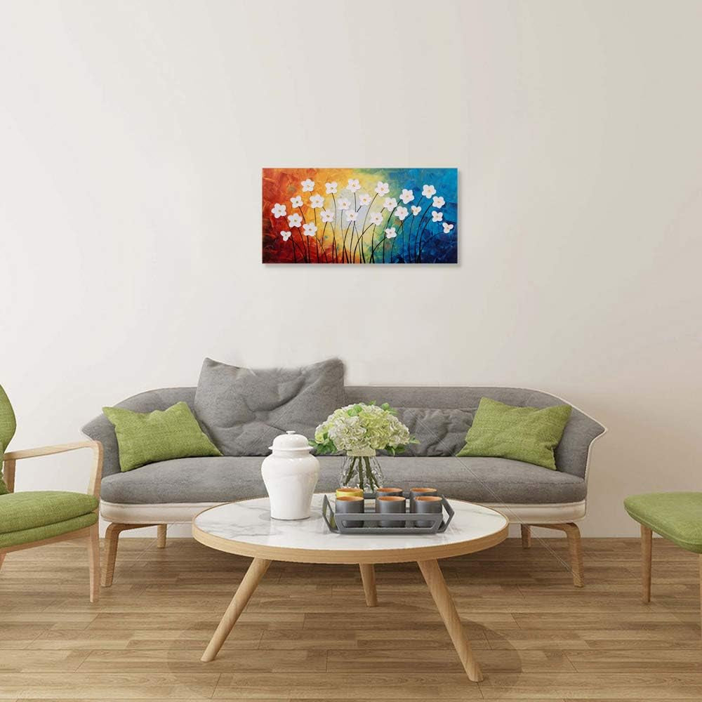 Flower Pictures Wall Decor Hand Painted 3D Light Blue Yellow Red and White Canvas Oil Paintings Modern Big Horizontal Artwork for Living Room Bedroom Nursery Decoration