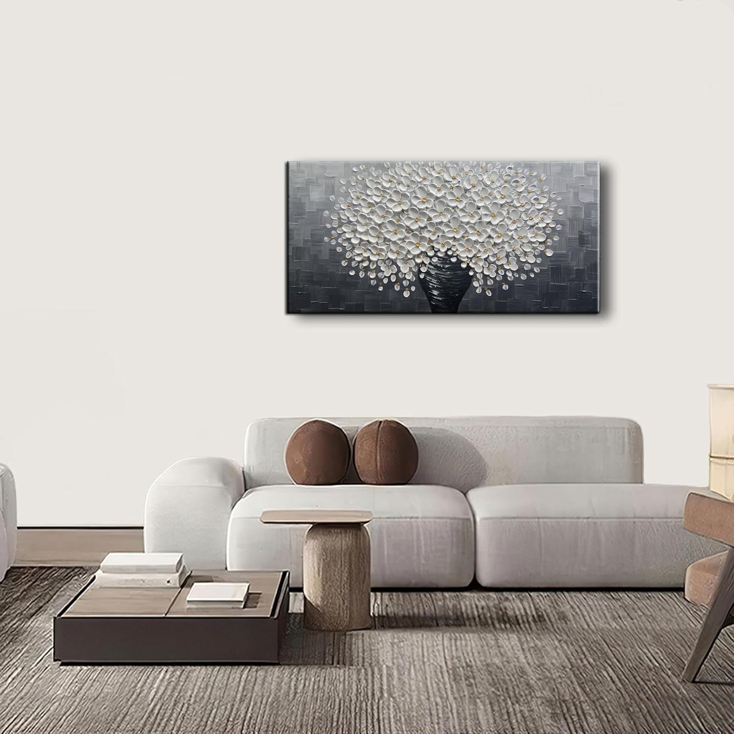 - White Flower Oil Painting on Canvas 3D Thick Texture Black and White Floral Vase Canvas Wall Art Modern Abstract Art Home Bedroom, Dining Room, Living Room, Office Wall Decor 24X48Inch