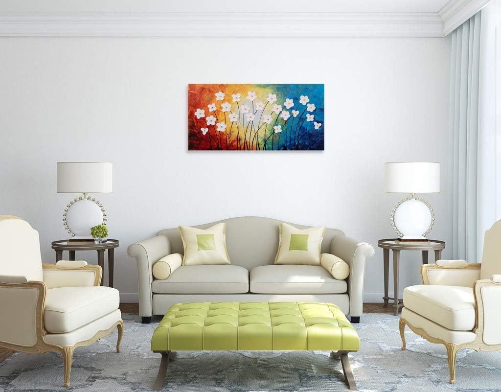 Flower Pictures Wall Decor Hand Painted 3D Light Blue Yellow Red and White Canvas Oil Paintings Modern Big Horizontal Artwork for Living Room Bedroom Nursery Decoration