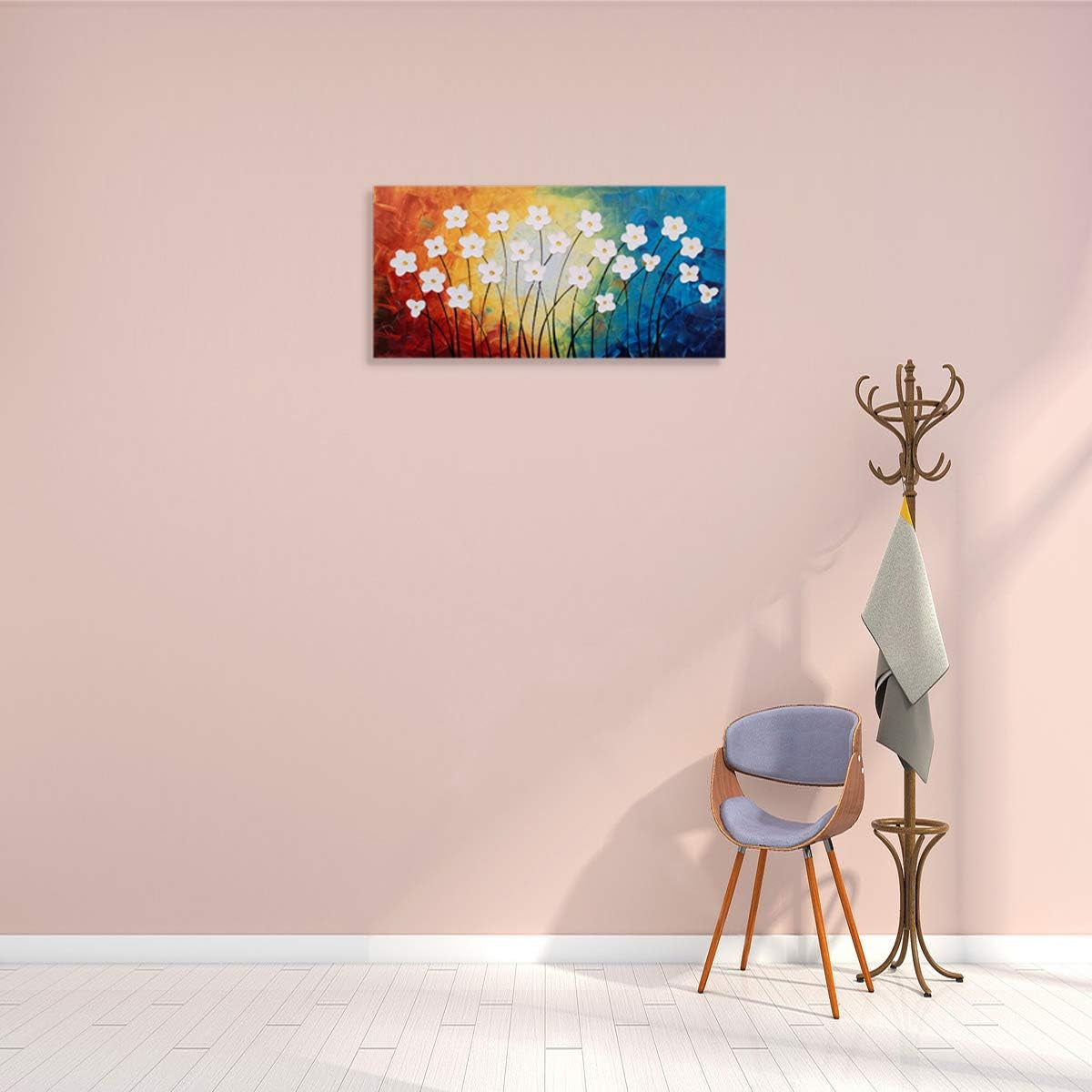 Flower Pictures Wall Decor Hand Painted 3D Light Blue Yellow Red and White Canvas Oil Paintings Modern Big Horizontal Artwork for Living Room Bedroom Nursery Decoration