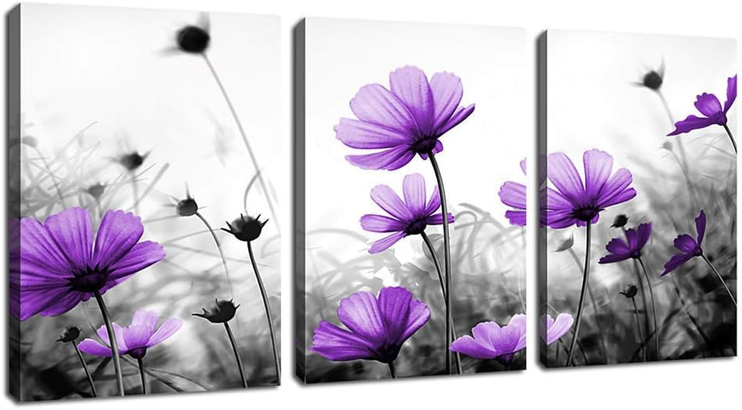 Flowers Wall Art Canvas Pictures Purple Wildflowers Black and White Background 3 Piece Canvas Art Blossom Contemporary Artwork for Home Decoration Office Kitchen Wall Decor 12"X 16" X 3 Panels