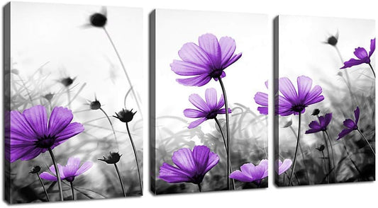 Flowers Wall Art Canvas Pictures Purple Wildflowers Black and White Background 3 Piece Canvas Art Blossom Contemporary Artwork for Home Decoration Office Kitchen Wall Decor 12"X 16" X 3 Panels
