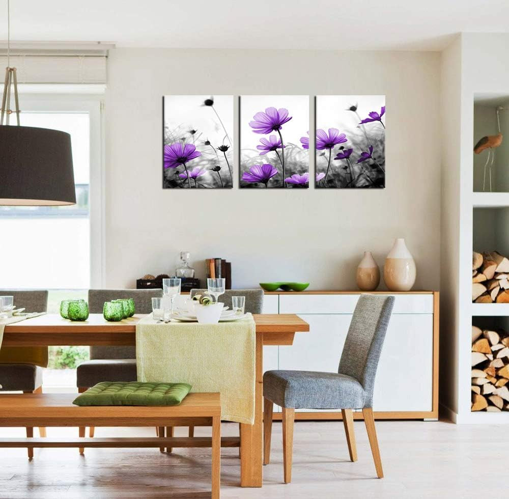 Flowers Wall Art Canvas Pictures Purple Wildflowers Black and White Background 3 Piece Canvas Art Blossom Contemporary Artwork for Home Decoration Office Kitchen Wall Decor 12"X 16" X 3 Panels
