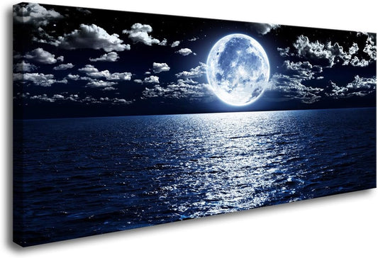 S06950 Wall Art Canvas Prints Moon Sea Ocean Landscape 1 Panels Full Moon in Cloud Pictures Paintings Stretched and Framed for Living Room Bedroom Kicthen Office Artwork 20X40Inch