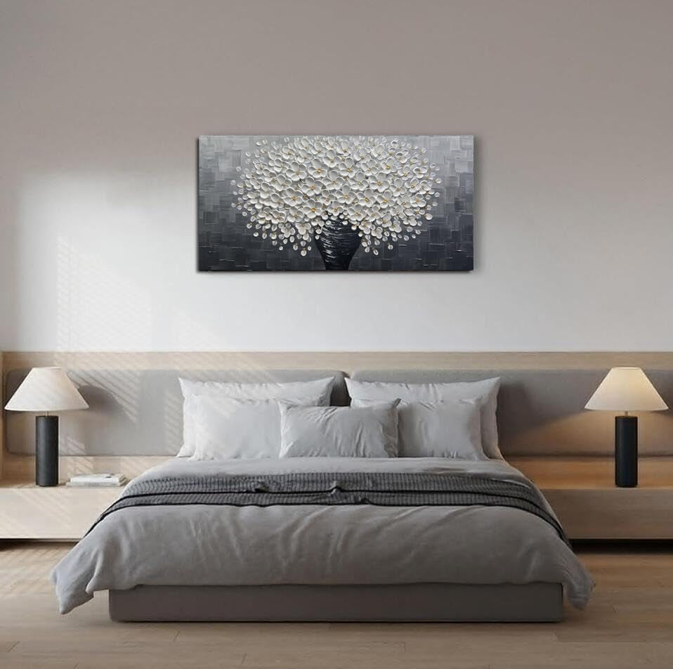 - White Flower Oil Painting on Canvas 3D Thick Texture Black and White Floral Vase Canvas Wall Art Modern Abstract Art Home Bedroom, Dining Room, Living Room, Office Wall Decor 24X48Inch