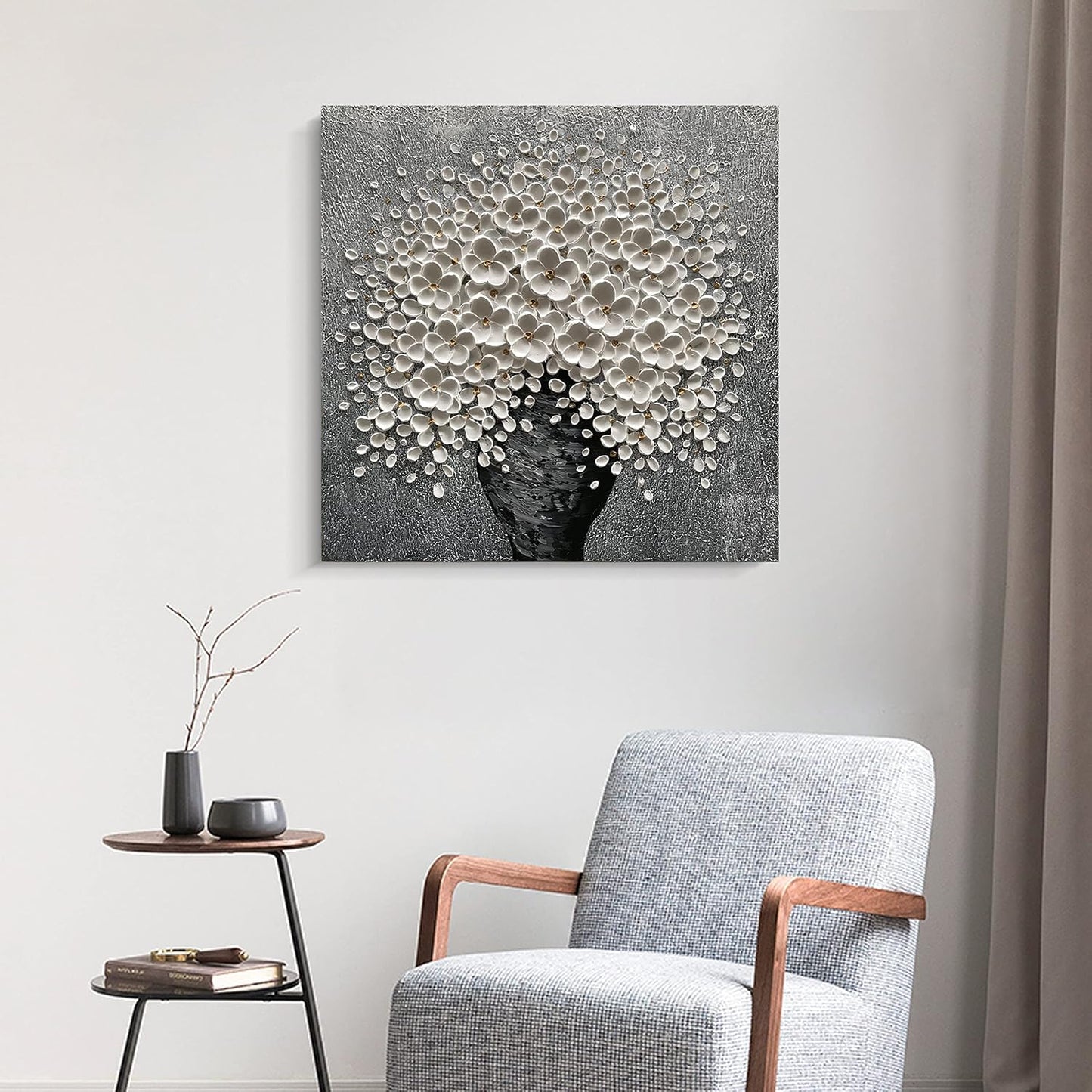 100% Hand-Painted White Flower Art Oil Painting, Modern Home Furnishing Canvas Painting Decoration, 3D Abstract Mural Painting,24X24 Inch Frame Wall Art Hanging