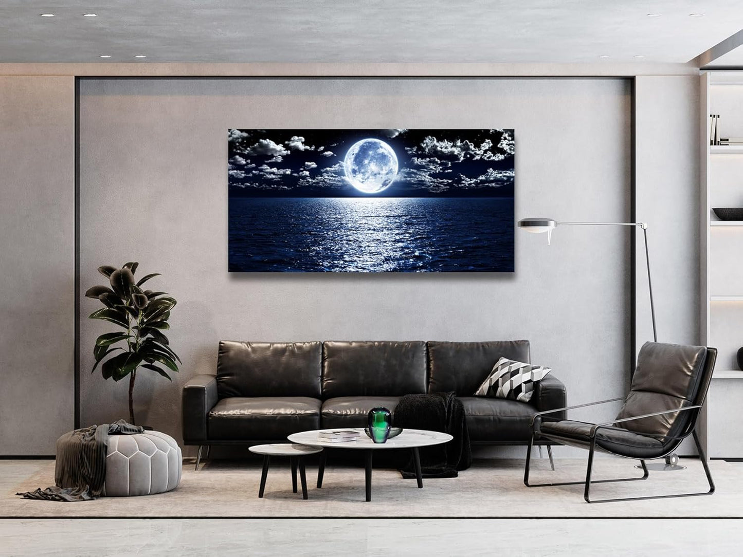 S06950 Wall Art Canvas Prints Moon Sea Ocean Landscape 1 Panels Full Moon in Cloud Pictures Paintings Stretched and Framed for Living Room Bedroom Kicthen Office Artwork 20X40Inch