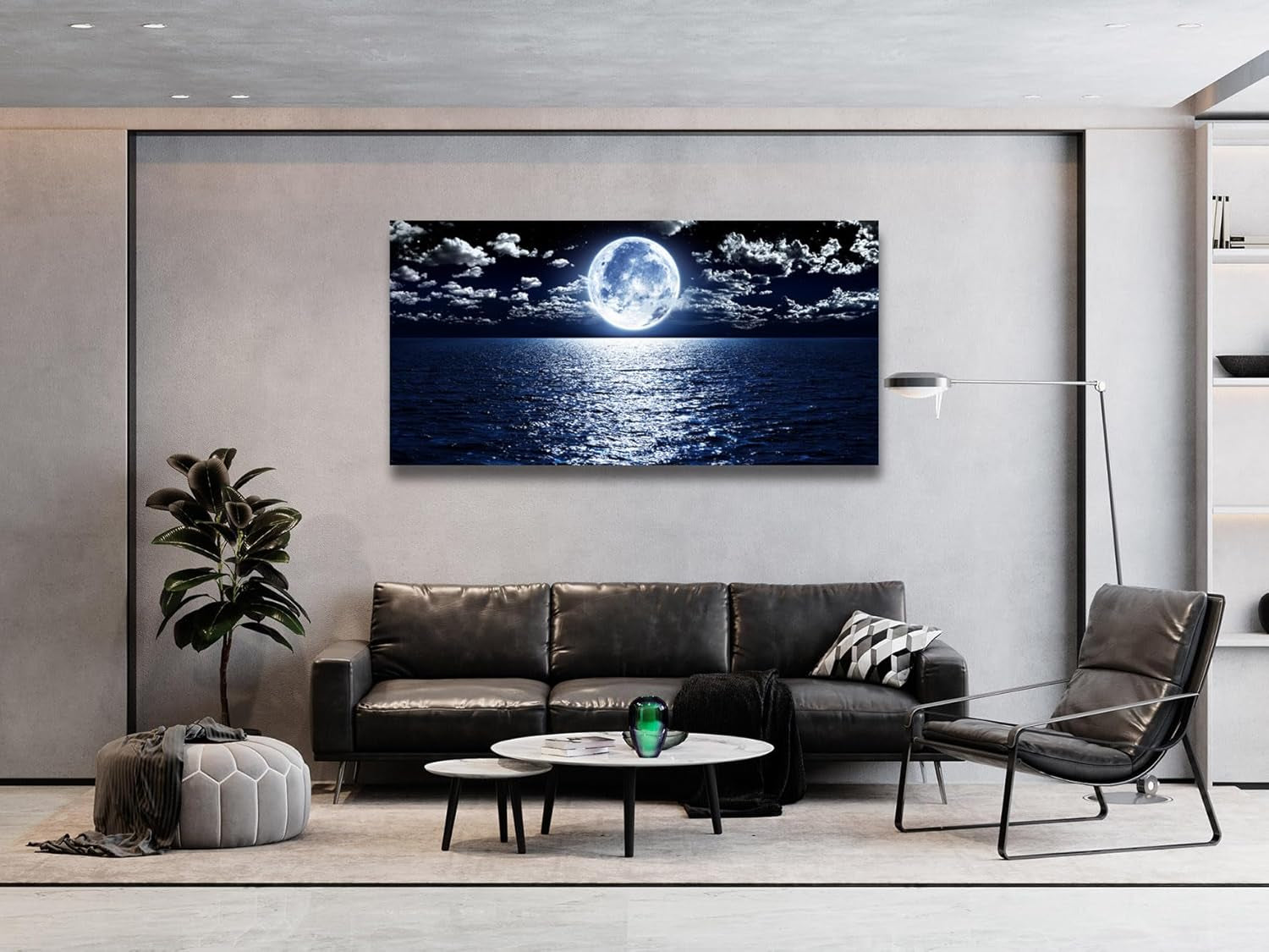 S06950 Wall Art Canvas Prints Moon Sea Ocean Landscape 1 Panels Full Moon in Cloud Pictures Paintings Stretched and Framed for Living Room Bedroom Kicthen Office Artwork 20X40Inch