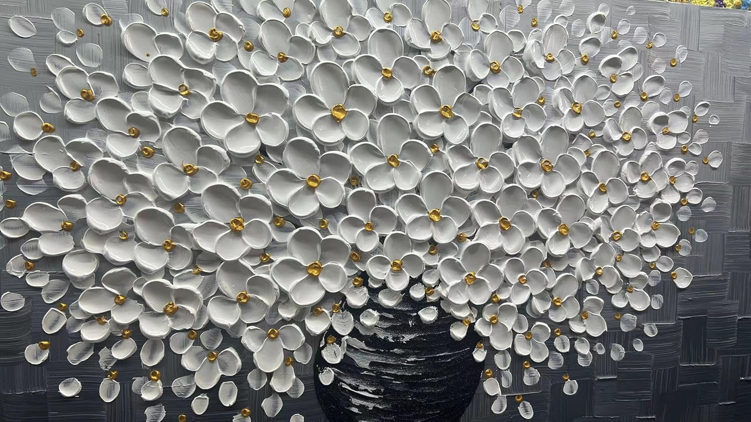 - White Flower Oil Painting on Canvas 3D Thick Texture Black and White Floral Vase Canvas Wall Art Modern Abstract Art Home Bedroom, Dining Room, Living Room, Office Wall Decor 24X48Inch