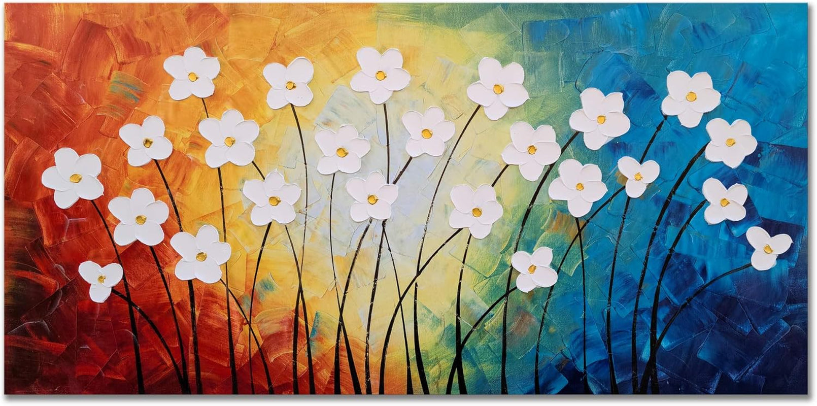 Flower Pictures Wall Decor Hand Painted 3D Light Blue Yellow Red and White Canvas Oil Paintings Modern Big Horizontal Artwork for Living Room Bedroom Nursery Decoration