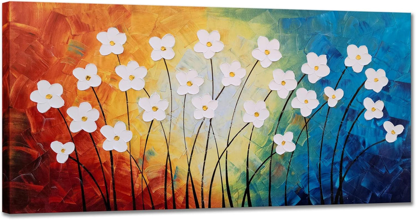 Flower Pictures Wall Decor Hand Painted 3D Light Blue Yellow Red and White Canvas Oil Paintings Modern Big Horizontal Artwork for Living Room Bedroom Nursery Decoration