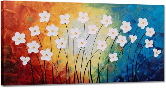 Flower Pictures Wall Decor Hand Painted 3D Light Blue Yellow Red and White Canvas Oil Paintings Modern Big Horizontal Artwork for Living Room Bedroom Nursery Decoration