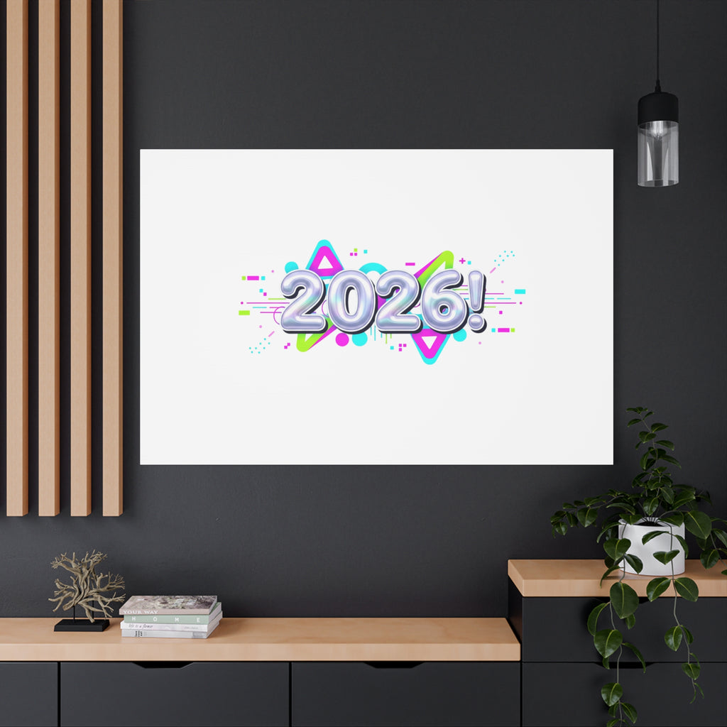2026 Chrome Bubble Text Canvas | Y2K Cyber Holo, Retro Tech Print