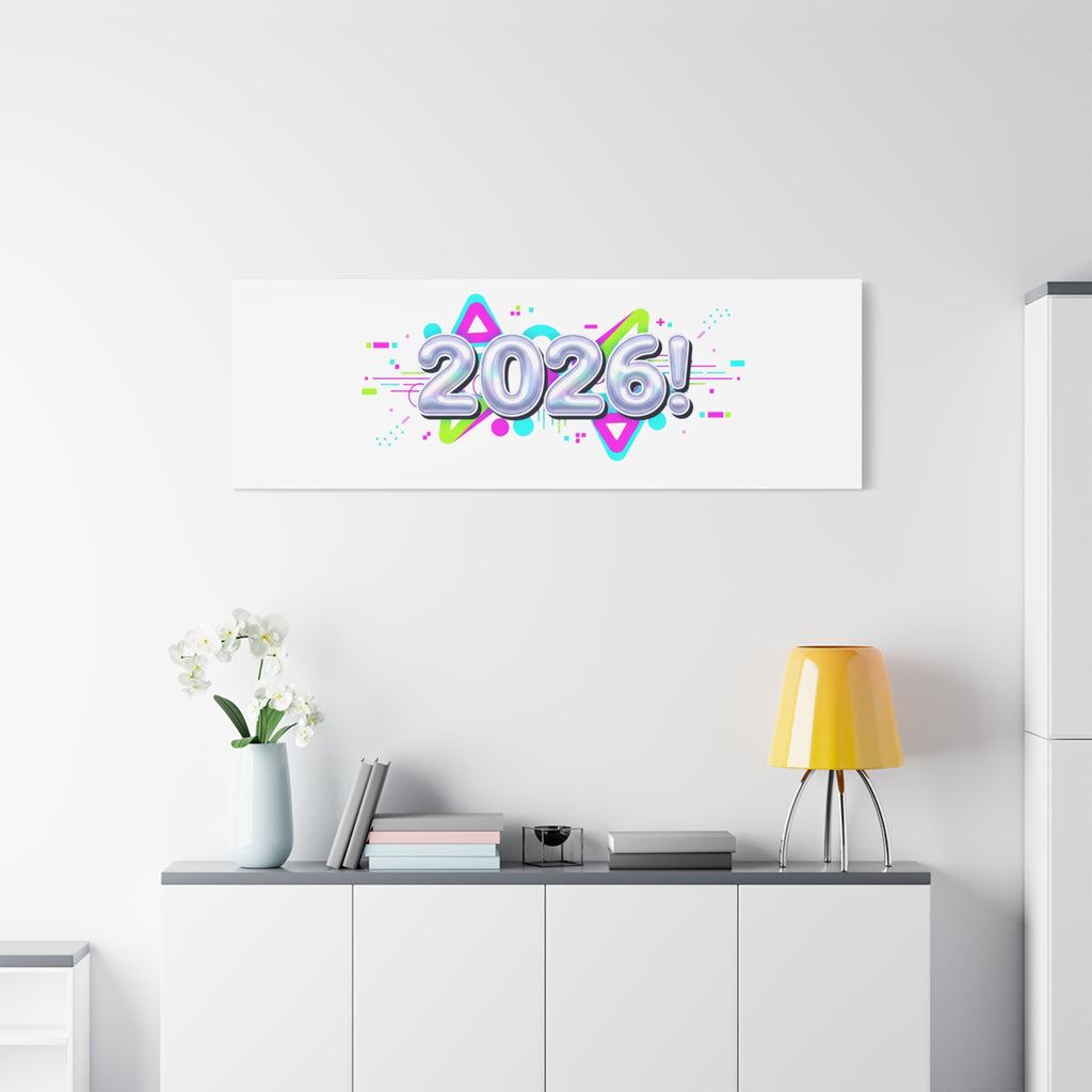 2026 Chrome Bubble Text Canvas | Y2K Cyber Holo, Retro Tech Print